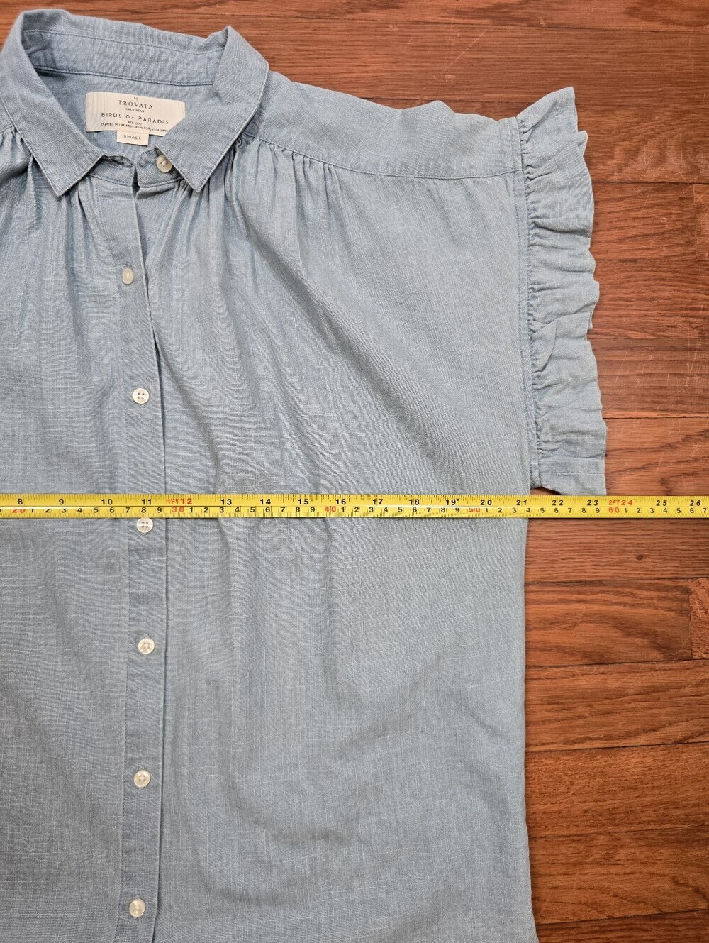 Trovata Birds of Paradis Marianne B Chambray Ruffle Sleeve Shirt S Button Down - Picture 13 of 15